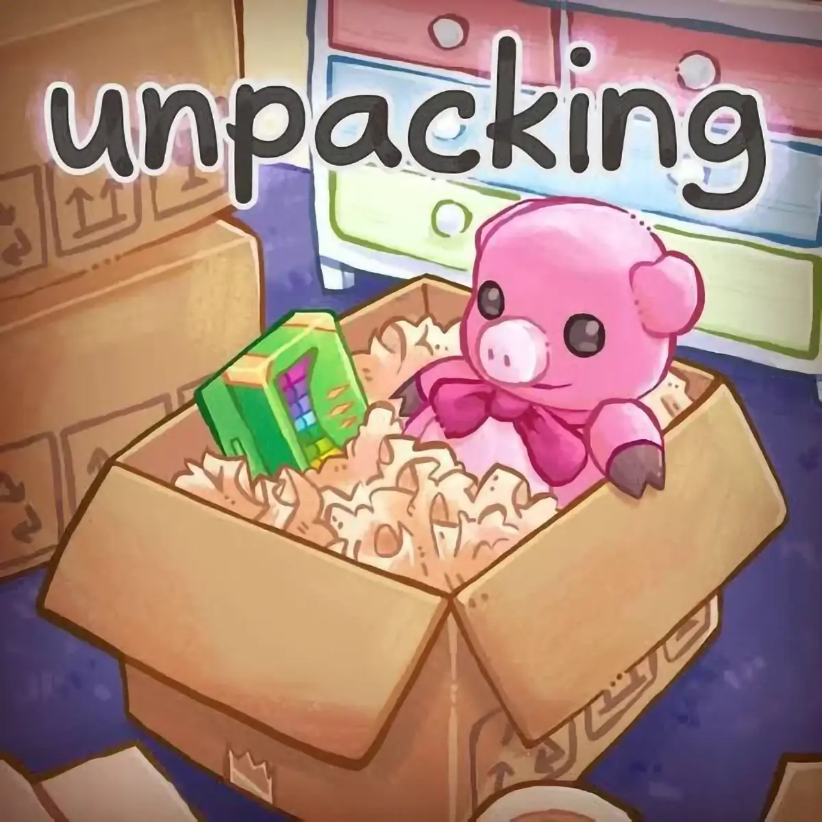 A beautifully organized and decorated room from the Unpacking Online game, showing items neatly arranged on shelves and desks.