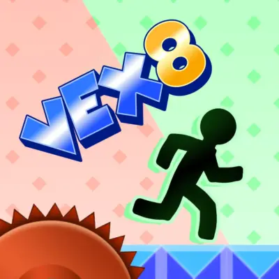 The iconic stickman character from Vex 8 mid-jump, navigating a treacherous course filled with buzzsaws and spikes.