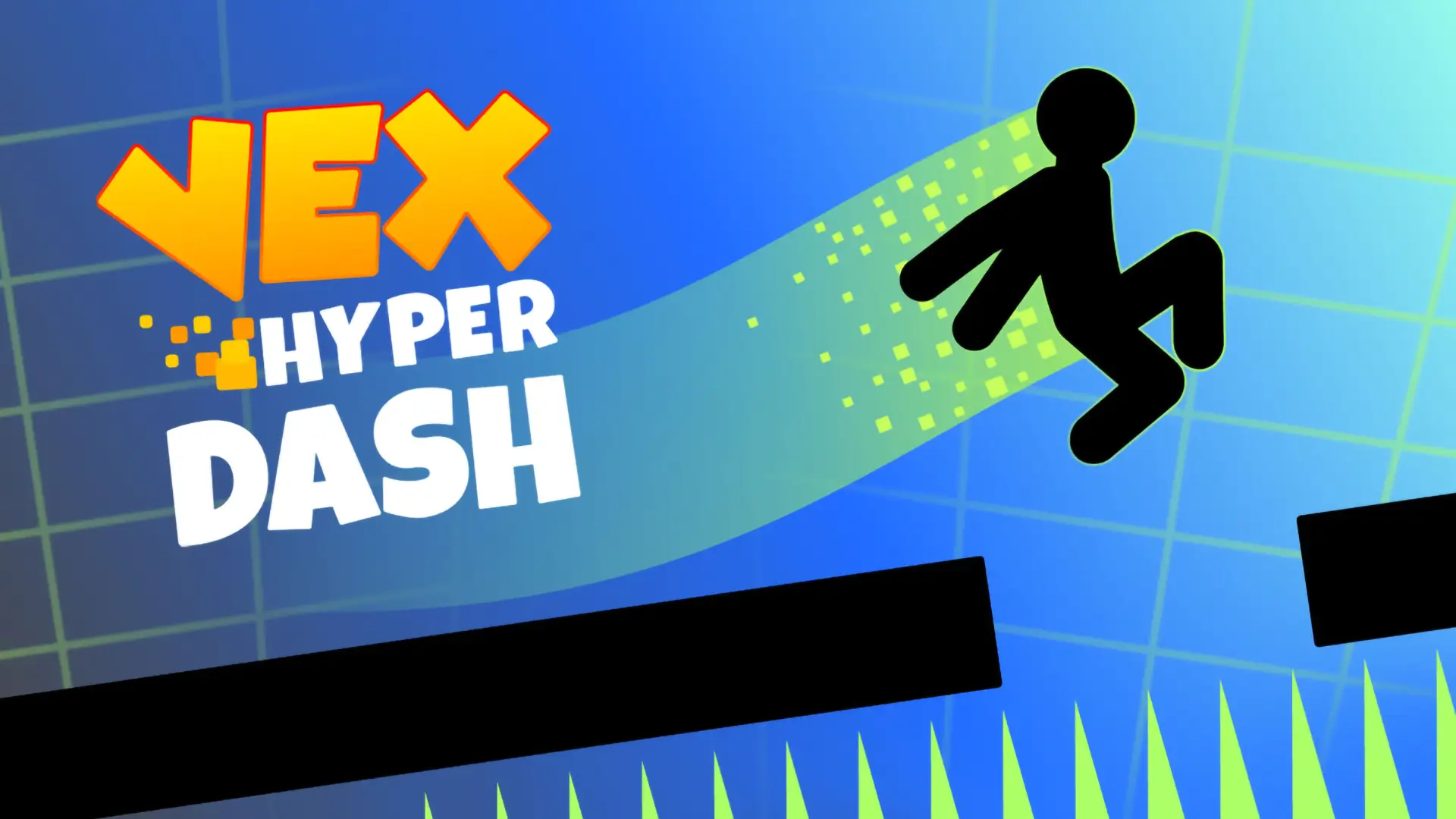 A stickman character from Vex Hyper Dash mid-dash, flying over a series of deadly buzzsaws.