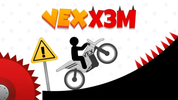 A stickman character on a dirt bike performing a massive jump over a series of deadly spikes in the Vex X3M game.