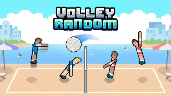 Volley Random gameplay showing ragdoll volleyball players jumping for the ball
