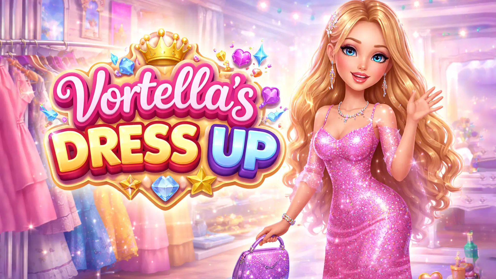 The stylish 3D character Vortella, posing in a custom-designed outfit created in the Vortella's Dress Up game.