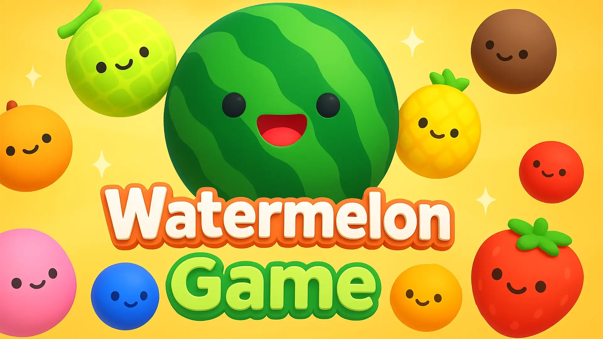 A colorful container filled with various cute fruits, with a large watermelon at the center, in the Watermelon Game (Suika Game).