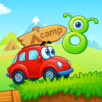 The charming red car, Wheely, standing next to a friendly alien and its crashed UFO in the Wheely 8 game.