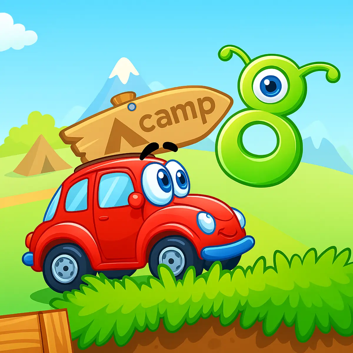 The charming red car, Wheely, standing next to a friendly alien and its crashed UFO in the Wheely 8 game.