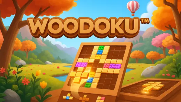 A beautiful wooden Sudoku-style grid from the Woodoku game, with a player about to place a block piece.